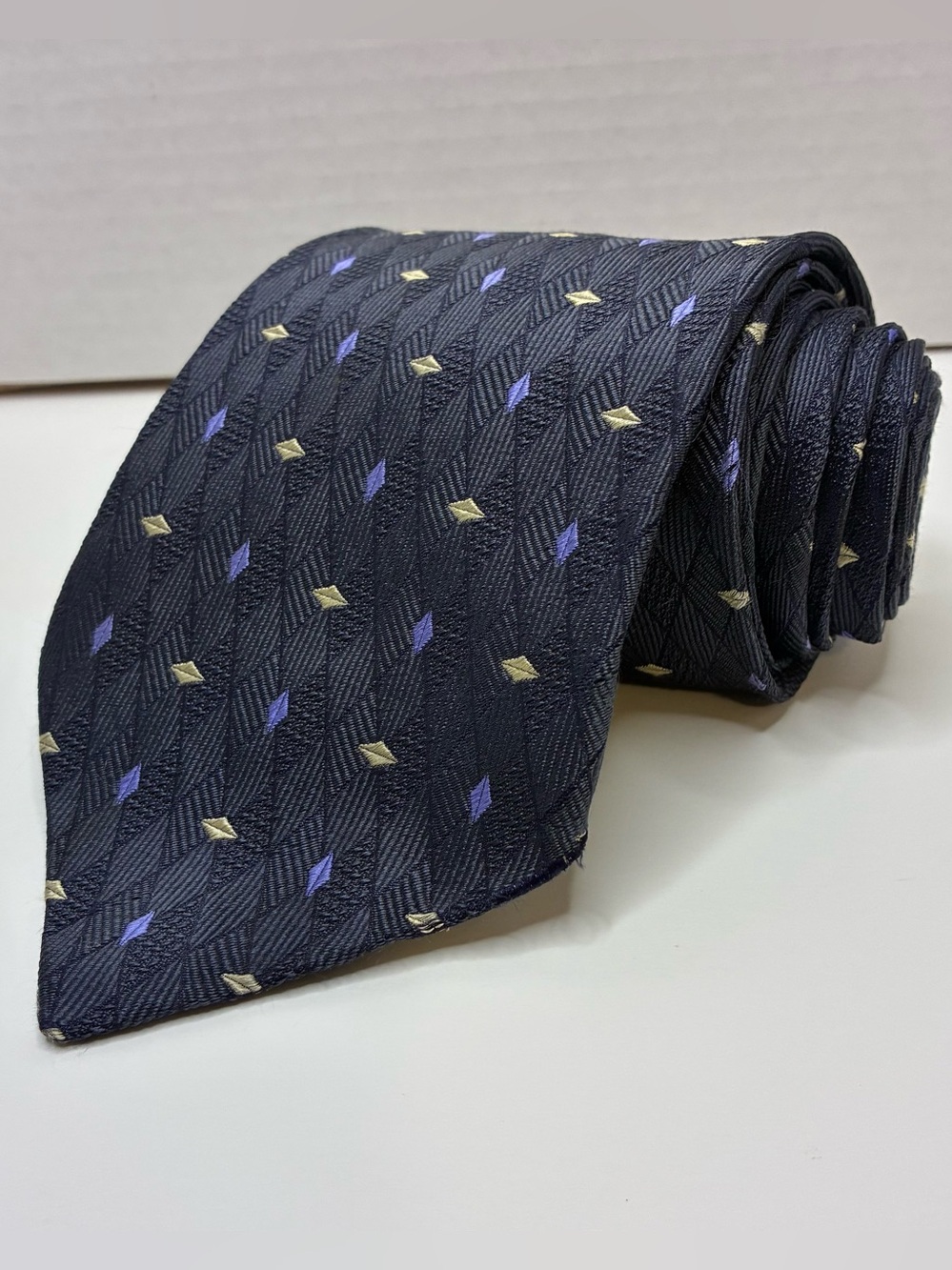Vintage Ermenegildo Zegna Silk Tie Blue Geometric Diamond Extra Long XL 3.75”